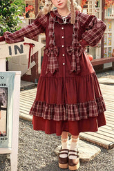 Red Velvet Plaid Print Bowknot Christmas Sweet Lolita Dress